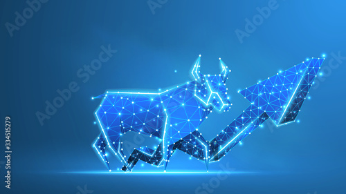 Bull market trend, growth arrow. Stock Exchange and concept of a trading chart. Low poly, wireframe 3d vector illustration. Abstract, polygonal image on blue neon background