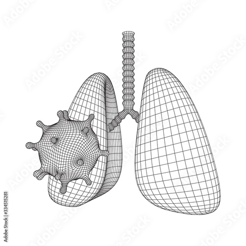 Corona Virus and Lungs with trachea bronchi internal organ human. Covid virus pulmonology medicine science concept. Wireframe low poly mesh vector illustration.