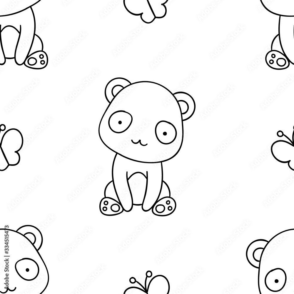 Simple seamless pattern, black and white cute kawaii hand drawn panda ...