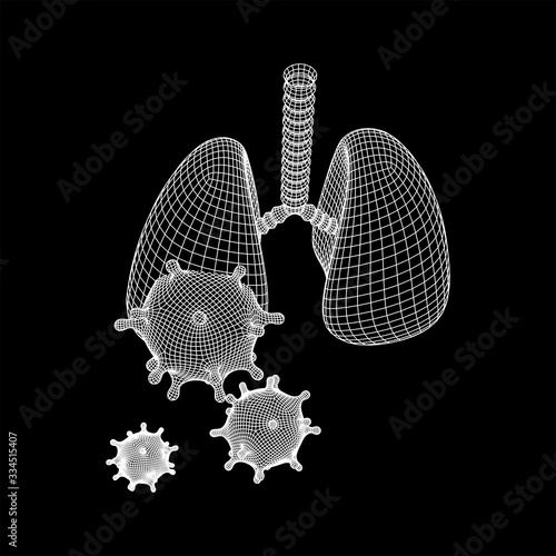 Corona Virus and Lungs with trachea bronchi internal organ human. Covid virus pulmonology medicine science concept. Wireframe low poly mesh vector illustration.