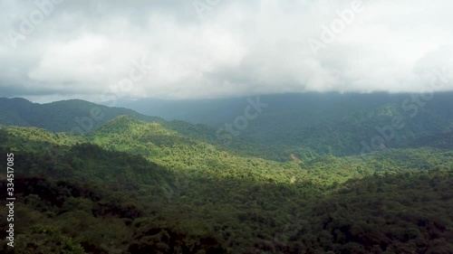 Costa Ricas National Park Monteverdes beautiful cloud forest on cloudy and windy day filmed by drone/aerial
