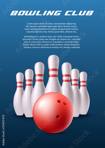 Bowling club banner or poster - skittles and bowl realistic vector illustration.