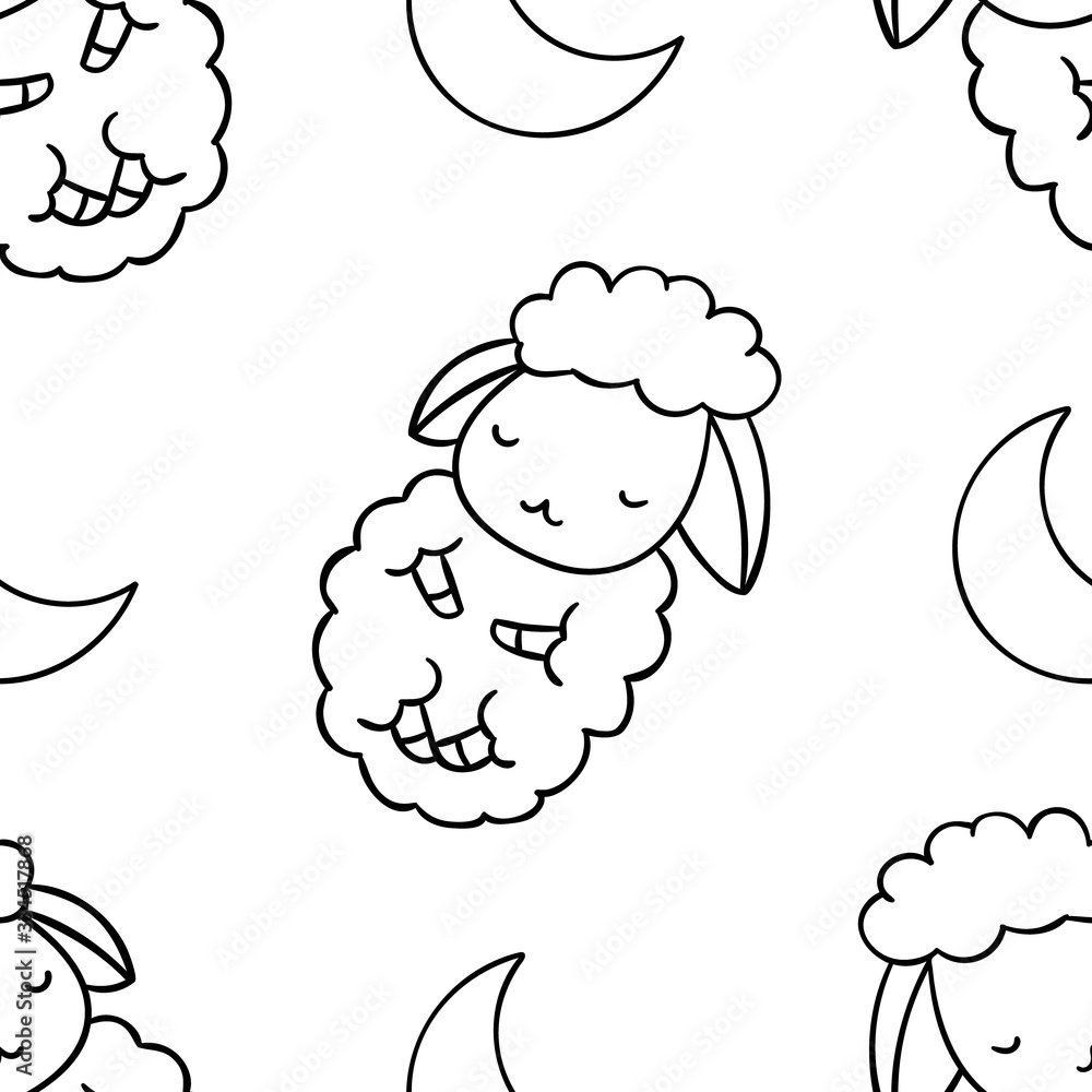 Simple seamless pattern, black and white cute kawaii hand drawn sheep doodles, coloring pages Simple seamless pattern, black and white cute kawaii hand drawn sheep doodles, coloring pages