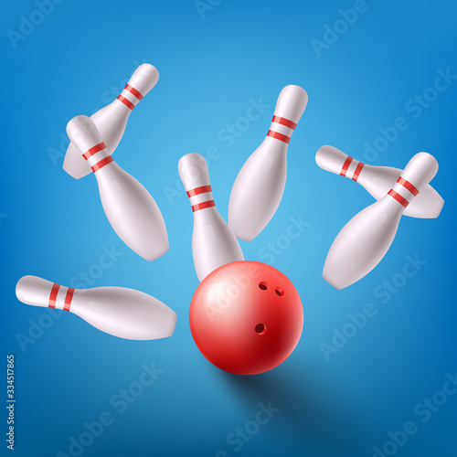 Bowling club banner template with ball crashing into pins vector illustration.
