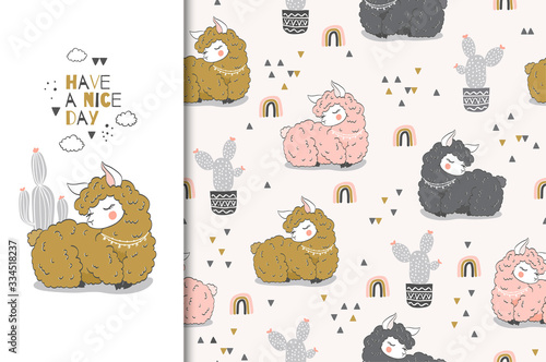 Cartoon baby lama card and seamless pattern. Hand drawn