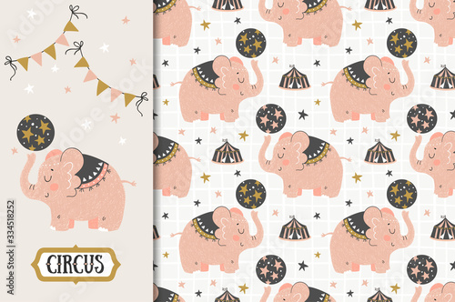 Cartoon circus baby elephant card and seamless pattern set. Hand drawn animal illustration. Jungle animals and background.