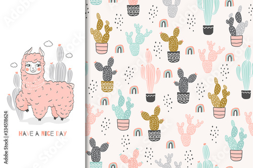 Cute cartoon baby lama with cacti card and seamless pattern set. 