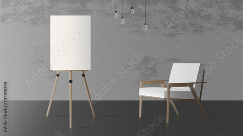 Easel and white stylish armchair. Wooden easel. Concrete gray wall. Realistic vector illustration.