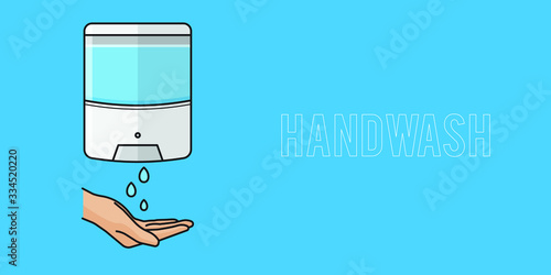 Hand wash. Hand sanitizer. Alcohol-based hand rub. Rubbing alcohol. Wall mounted soap dispenser. Wall hanging hand wash container. Banner flat design illustration.