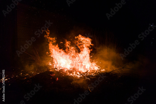 Bonfire on the street, burning branches and a tree, flame and sparks rise up. © andov