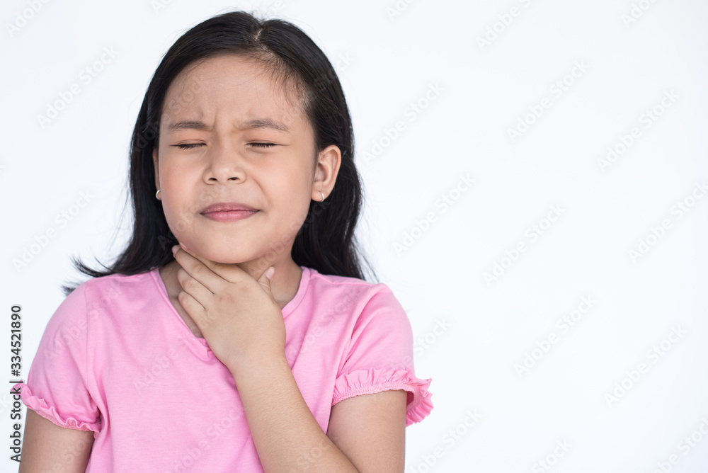 asia little girl feeling unwell and sore throat. as symptom for cold or bronchitis, virus, Coronavirus, (2019-nCoV). healthcare concept. little sick girl sore throat isolated on white background. asia little girl feeling unwell and sore throat. as symptom for cold or bronchitis, virus, Coronavirus, (2019-nCoV). healthcare concept. little sick girl sore throat isolated on white background.