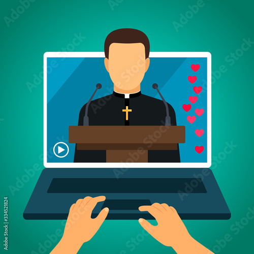 the pastor conducts church services online. Home church during quarantine due to coronavirus Covid-19