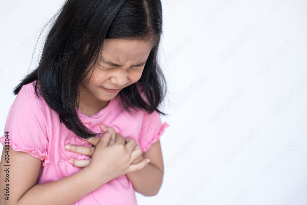 asia little girl feeling unwell and sore throat. as symptom for cold or bronchitis, virus, Coronavirus, (2019-nCoV). healthcare concept. little sick girl sore throat isolated on white background.