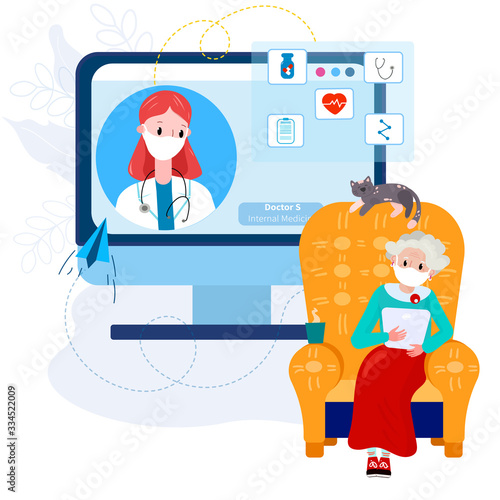 Telemedicine Doctor with Old woman. Virtual doctor meeting with Senior woman from home for therapy, diagnose, pills. Online consultation with your doctor during pandemic.