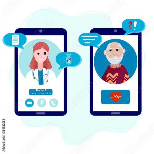 Senior talking by mobile phone with a doctor online from home. Concept of telemedicine, medical treatment, consultation service during pandemic. Doctor with old patient meet online.