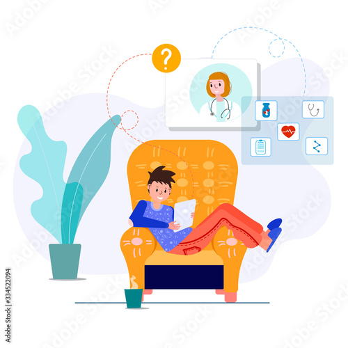 Telemedicine with Doctor. Virtual doctor meeting for therapy, diagnose, pills with patient from home. Online consultation with your doctor. Stay at home during quarantine.