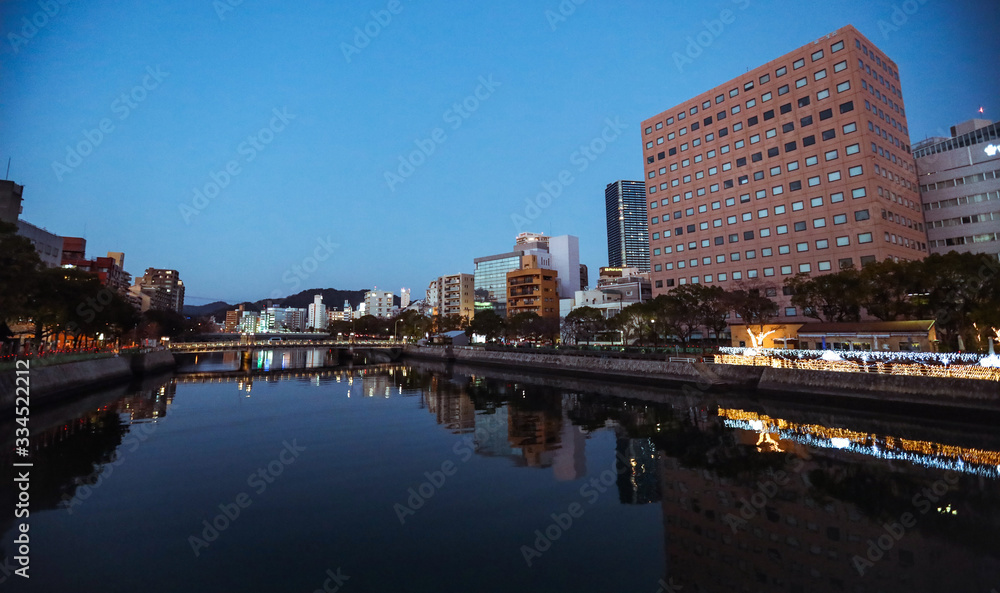 Hiroshima, Japan - January 09, 2020: Panoramic View to the Evening City