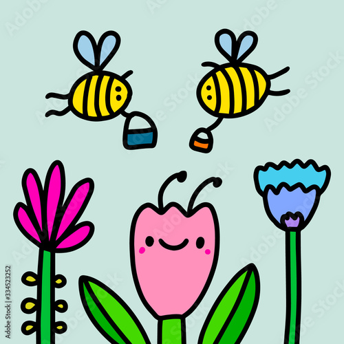 Bees gathering honey hand drawn vector illustration in cartoon comic style blooming summer garden