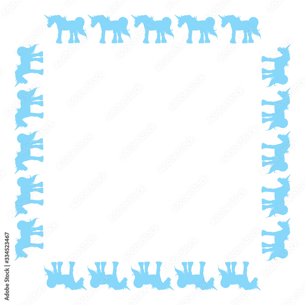 Square frame with interesting blue unicorn on white background. Vector image. Square frame with interesting blue unicorn on white background. Vector image.