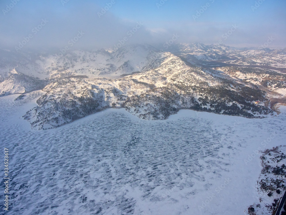 Obraz premium Winter view of the Zhasybay lake. Aerial view of the Bayanaul National Park. Pavlodar region. Kazakhstan. Asia