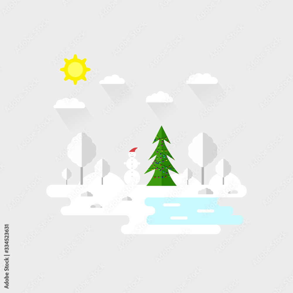 Illustration of beautiful forest, christmas tree and snowman scene. Winter landscape in flat style. Sunny day. Background. Mountains, forest, water, camping, hiking, tourism