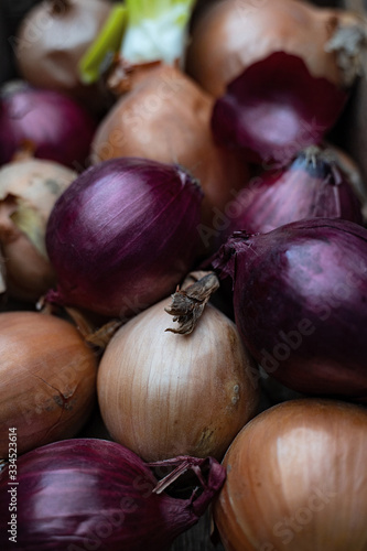 Fototapeta Naklejka Na Ścianę i Meble -  Full Frame Shot Of Purple Onions. Fresh purple onions as a background. Purple and yellow onions as a background.