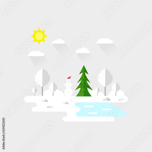 Illustration of beautiful forest, christmas tree and snowman scene. Winter landscape in flat style. Sunny day. Background. Mountains, forest, water, camping, hiking, tourism © Sergey