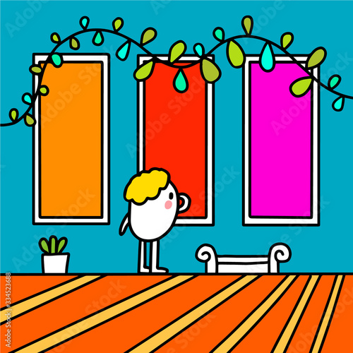 Art gallery museum hand drawn vector illustration in cartoon comic style man visiting exhibition