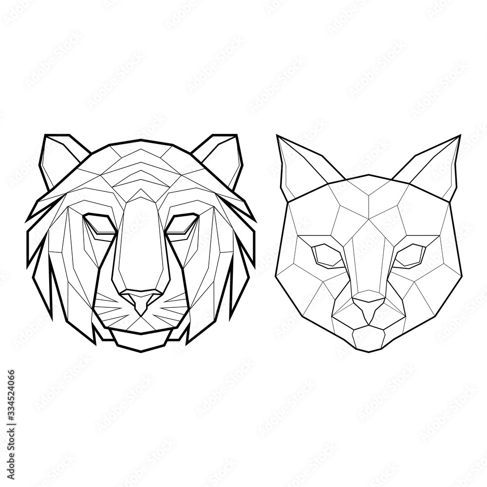 Fototapeta premium Set of two abstract heads of a tiger and cat. Vector illustration