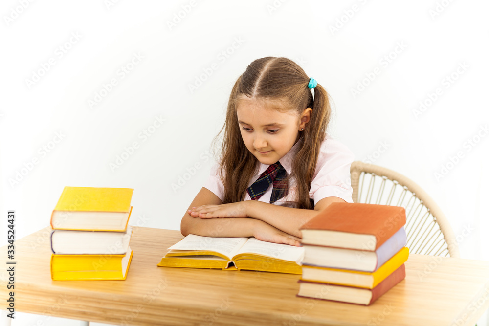 education and school concept - smiling little student girl with many books at school education and school concept - smiling little student girl with many books at school