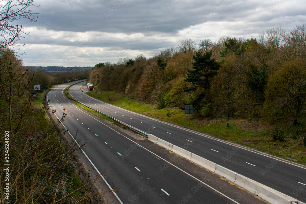 An empty A303 motorway during Corona virus lockdown.  Wincanton, Somerset in the south west of united kingdom.  March 31st 2020
