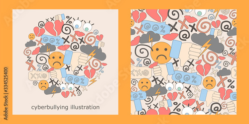 illustration and seamless pattern with cyberbullying. online pressure. Posting sexual remarks, or pejorative labels. profanity and sexual harassment.