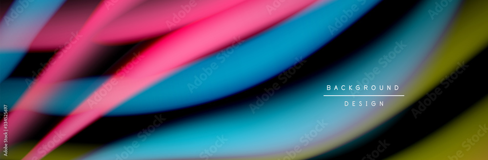 Сolorful flow poster. Wave liquid lines and shapes in black color background. Vector Illustration