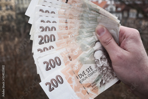 Czech money called Czech Crown in Czechia , one hundreds, two hundreds, five hundreds, one thousand, two thousand