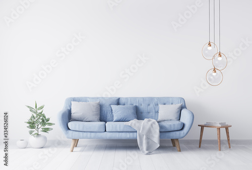 grey pillow above blue Scandinavian sofa in modern interior. wooden side table with gold elegant accessories. Green plant vase. White wall mock up. Minimal concept design. 3D render. 3D illustration