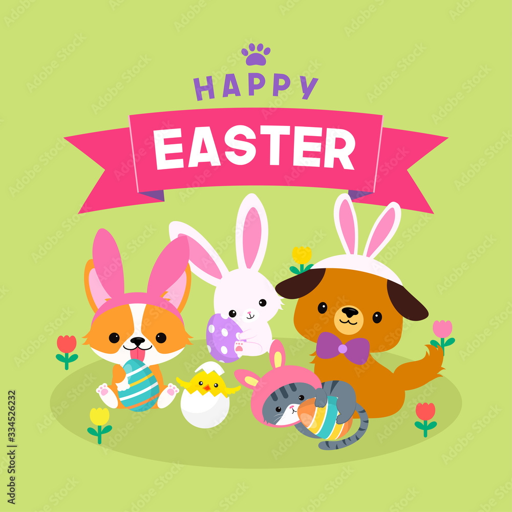Happy Easter Greeting Card Vector illustration. Cute pets wearing bunny costumes on spring background Happy Easter Greeting Card Vector illustration. Cute pets wearing bunny costumes on spring background