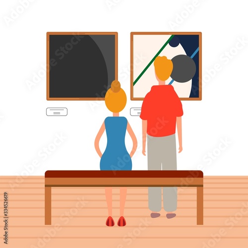 Exhibition visitors viewing paintings at art gallery. People regarding creative artworks or exhibits in museum. Colorful vector illustration in flat cartoon style.