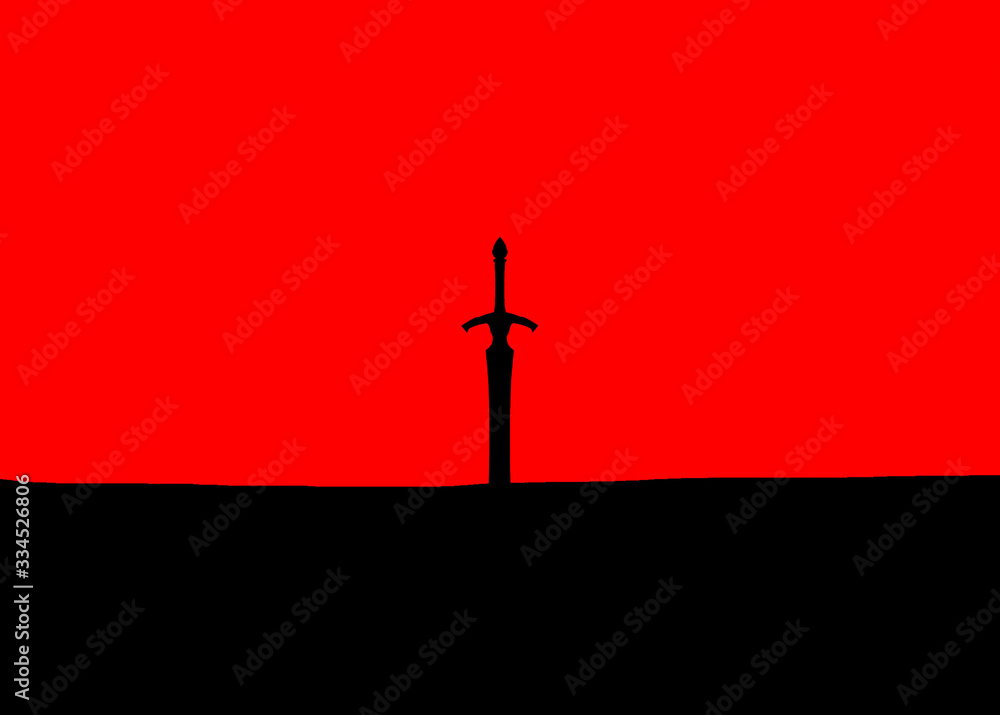 Sword sticking out of the ground against red sky Stock Illustration ...