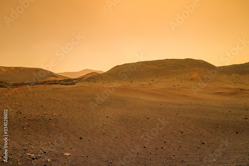 Landscape on planet Mars   desert and mountains on red planet