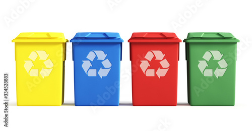Colorful garbage bins dedicated for separate collection of rubbish. Isolated, clipping path included.
