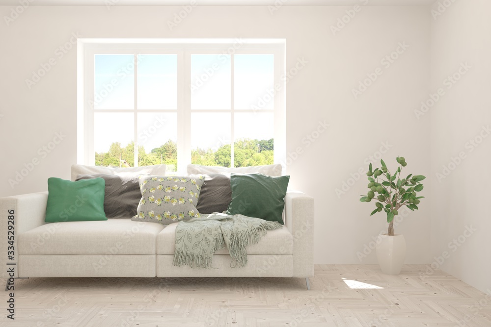 White living room with sofa and summer landscape in window. Scandinavian interior design. 3D illustration