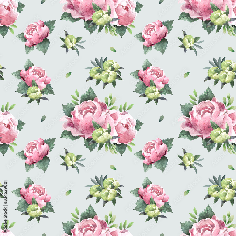 Seamless pattern of roses, leaves and buds in watercolor. Texture for textile design.