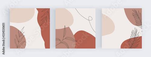 Freehand social media banners with abstract geometric design with pink, brown and nude colors hand painted shapes, leafs and lines. Modern neutral template for flyer, poster, card
