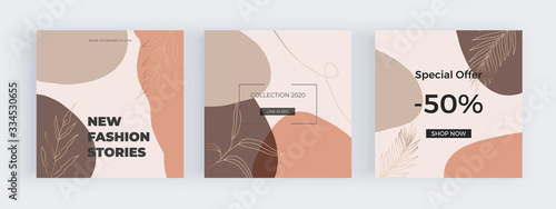 Freehand social media banners with abstract geometric design with pink, brown and nude colors hand painted shapes, leafs and lines. Modern neutral template for flyer, poster, card