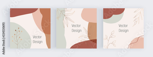 Freehand social media banners with abstract geometric design with pink, brown and nude colors hand painted shapes, leafs and lines. Modern neutral template for flyer, poster, card