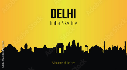 Delhi India city silhouette and yellow background. Delhi India Skyline.