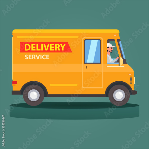 Flat cartoon yellow delivery van vehicle with driver or courier on green background. Express delivery food truck concept. Element for some quarantine web banner. Vector illustration.