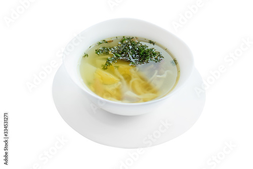 Chicken bouillon with noodles isolated on the white