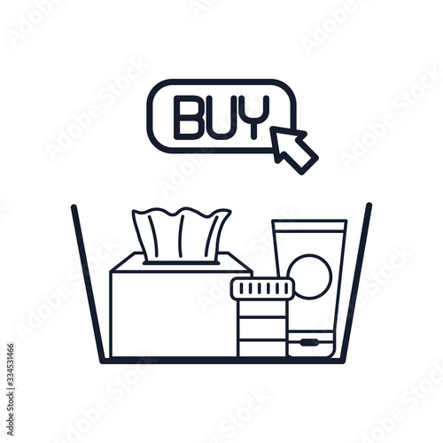 shopping online concept, basket with medicine pills and higyene products and buy button icon, line style photo