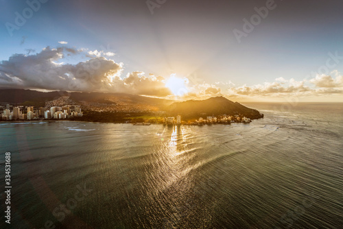 Aerial view of Honolulu at sunset